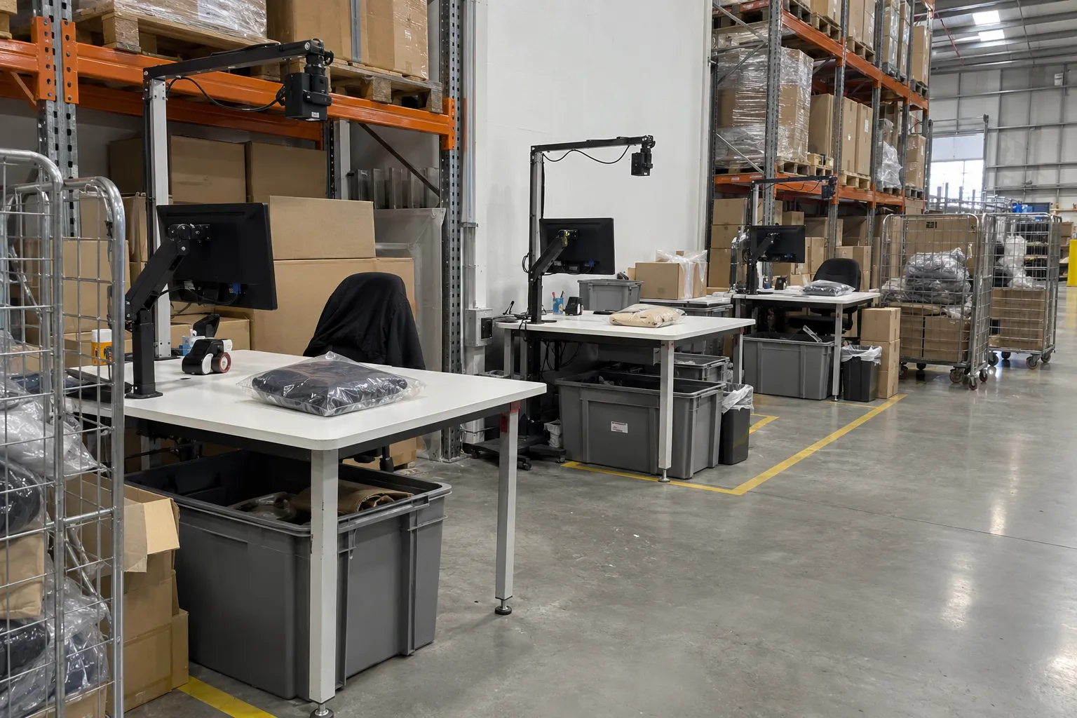 A row of returns inspection stations with overhead cameras