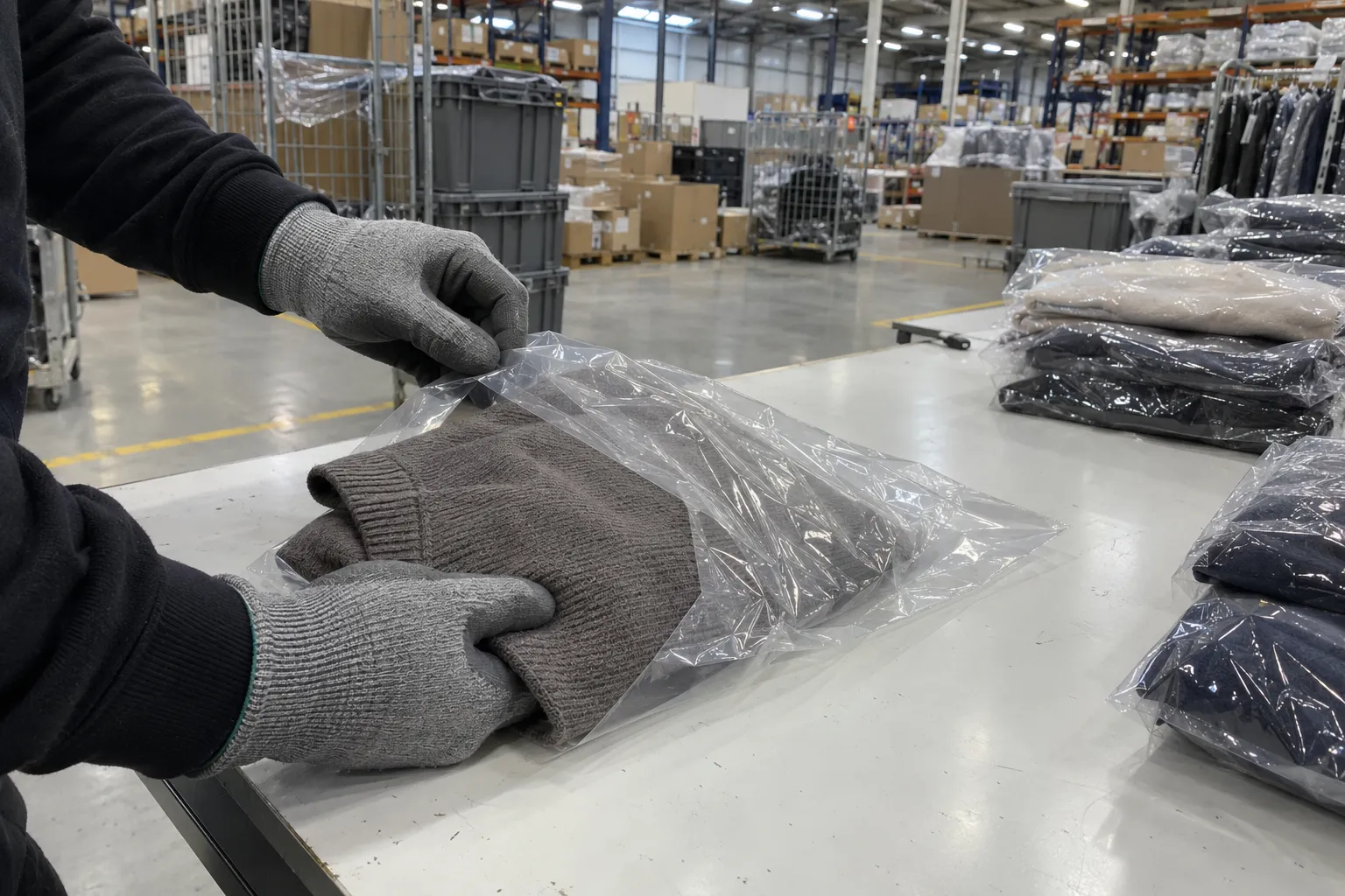 Gloved hands sliding a folded knit top into a clear garment bag