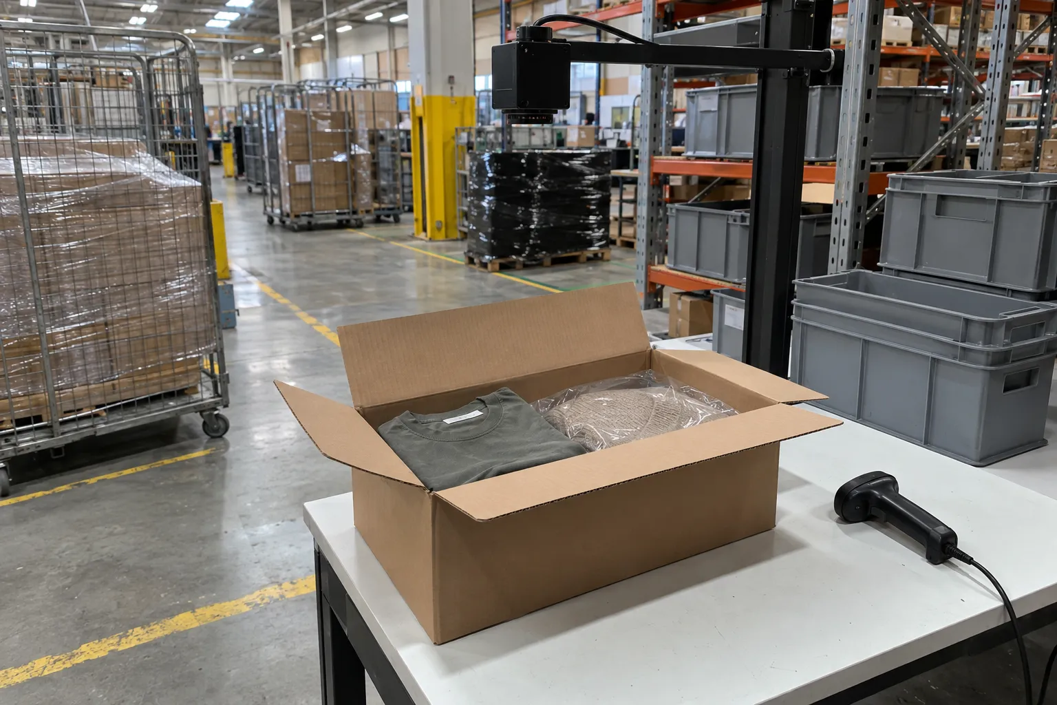 An open returns carton on a workbench in a returns warehouse