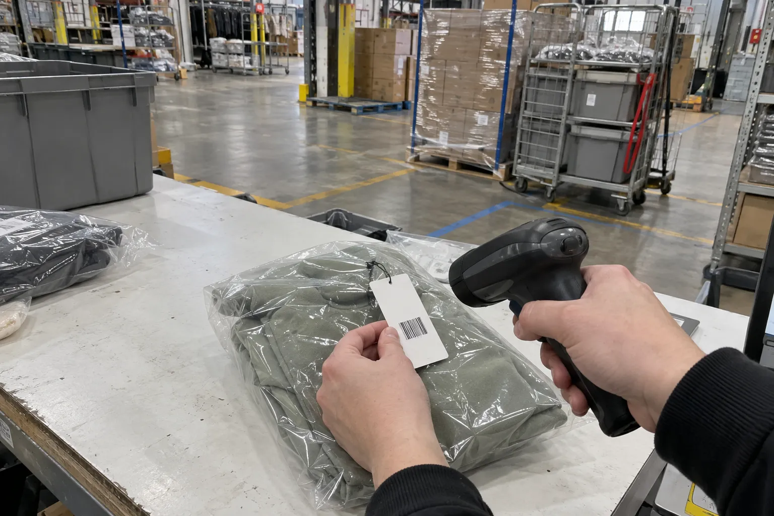 A hand scanning the tag on a garment in a clear bag at a returns bench