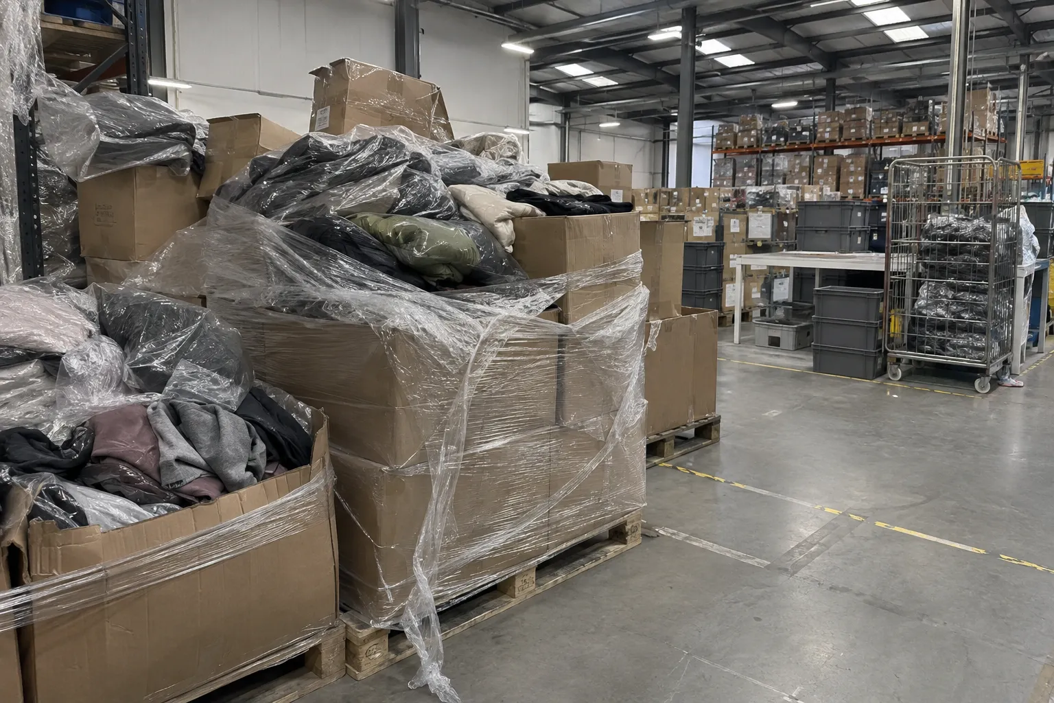 Unprocessed pallets of cartons and bags stacked in a dim warehouse corner